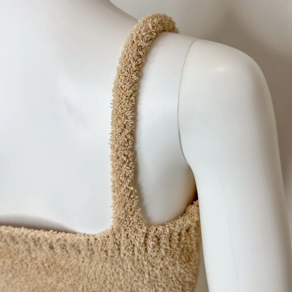 RESA Teddy Cozy Lounge Set Bralette Crop Top and Cardigan Robe in Taupe Tan Sz S